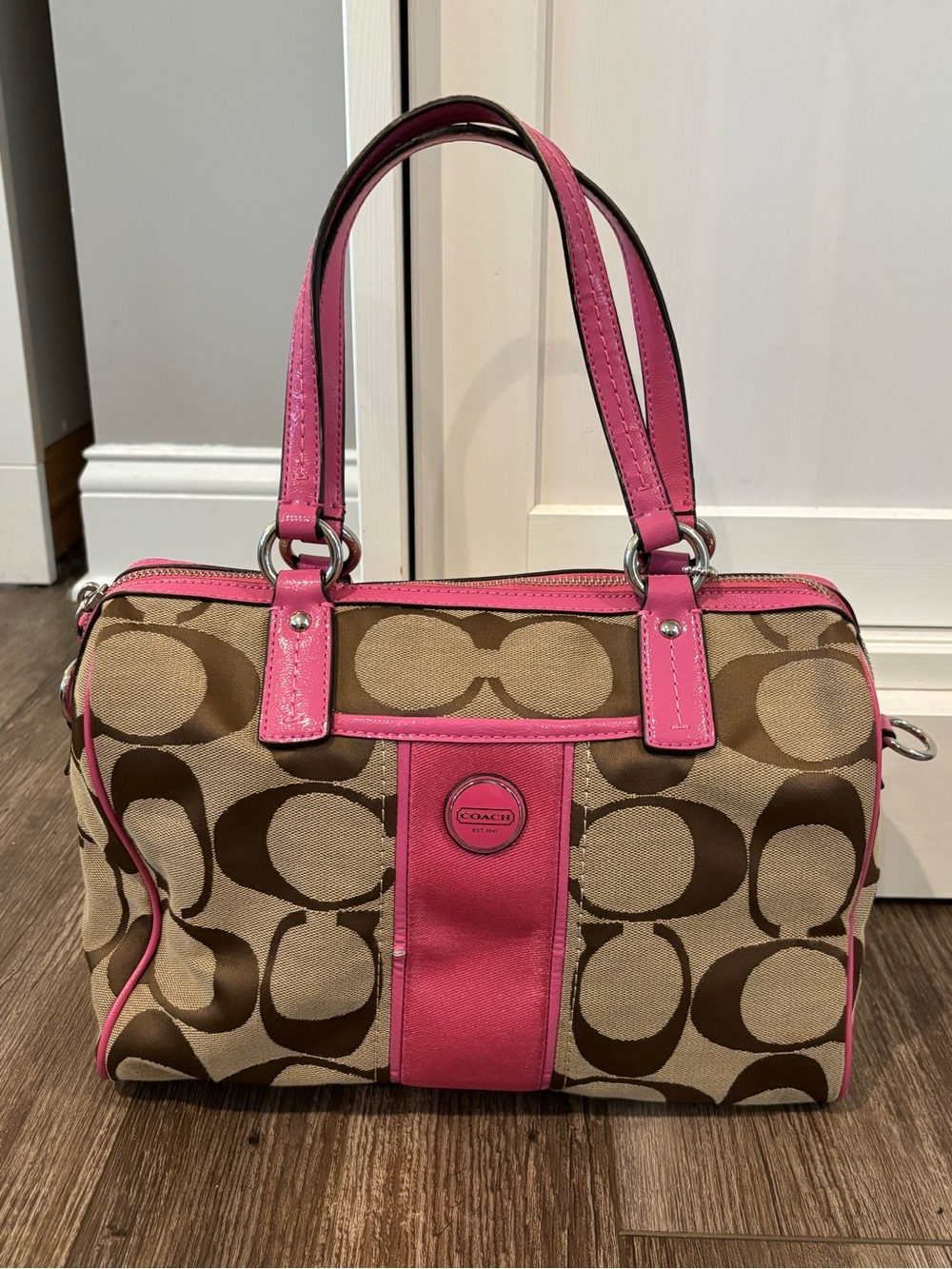 Vintage Coach Signature stripe satchel in khaki and passion berry pink